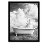 Artery8 Husky In A Bathtub On Field Black White Surreal Wall Art Print - A4 Size