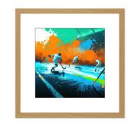 Artery8 Ice Hockey Winter Sport Action Abstract Colourful Oil Painting Square Wooden Framed Wall Art Print Picture 8X8 Inch in Light Oak Artery8 Light Oak