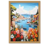 Artery8 Idyllic Scenic Seaside Fishing Village Bright Oil Painting Orange Pink Blue Bathroom Floral Artwork Harbor Bay Boats Coastal Landscape Artwork Framed A3 Wall Art Print