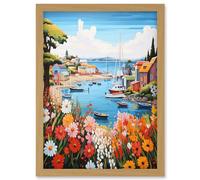 Wall Art Print Idyllic Scenic Seaside Fishing Village Bright Oil Painting Orange Pink Blue Bathroom Floral Artwork Harbor Bay Boats Coastal Landscape Artery8 Light Oak A4