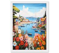 Artery8 Idyllic Scenic Seaside Fishing Village Bright Oil Painting Orange Pink Blue Bathroom Floral Artwork Harbor Bay Boats Coastal Landscape Artwork Framed A3 Wall Art Print