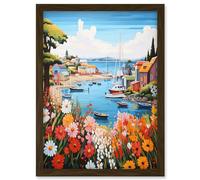 Wall Art Print Idyllic Scenic Seaside Fishing Village Bright Oil Painting Orange Pink Blue Bathroom Floral Artwork Harbor Bay Boats Coastal Landscape Artery8 Brown A4