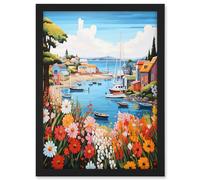 Artery8 Idyllic Scenic Seaside Fishing Village Bright Oil Painting Orange Pink Blue Bathroom Floral Artwork Harbor Bay Boats Coastal Landscape Artwork Framed A3 Wall Art Print