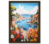 Artery8 Idyllic Scenic Seaside Fishing Village Bright Oil Painting Orange Pink Blue Bathroom Floral Artwork Harbor Bay Boats Coastal Landscape Artwork Framed A3 Wall Art Print