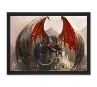Illustration Fantasy Dragon Castle Wings Artwork Framed Wall Art Print A4 Artery8 Black One Size