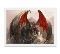 Illustration Fantasy Dragon Castle Wings Artwork Framed Wall Art Print A4 Artery8 White One Size
