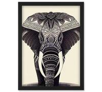 Artery8 Illustration Of Elephant With Tribal Patterns Black & White Artwork Framed Wall Art Print A4 Artery8 Black