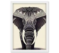 Artery8 Illustration Of Elephant With Tribal Patterns Black & White Artwork Framed Wall Art Print A4 Artery8 White