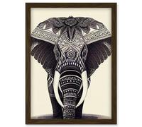 Artery8 Illustration Of Elephant With Tribal Patterns Black & White Artwork Framed Wall Art Print A4 in Brown Artery8 Brown