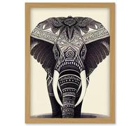 Artery8 Illustration Of Elephant With Tribal Patterns Black & White Artwork Framed Wall Art Print A4 in Light Oak Artery8 Light Oak