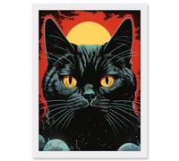 Artery8 In the Shadow of the Celestial Black Cat Vintage Pulp Art Sci-Fi Cover Artwork Red Yellow Blue Solar Eclipse Artwork Framed A3 Wall Art Print
