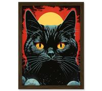 Artery8 In the Shadow of the Celestial Black Cat Vintage Pulp Art Sci-Fi Cover Artwork Red Yellow Blue Solar Eclipse Artwork Framed A3 Wall Art Print