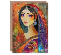 Artery8 Indian Woman With Saree Colourful Folk Art For Her Woman Birthday Card
