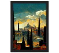 Artery8 Industrial Cityscape Sunset Artwork Framed Wall Art Print A4 in Black Artery8 Black
