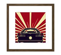 Artery8 Into the Sunset Retro Man Cave Racing Car Illustration Red Black Square Wooden Framed Wall Art Print Picture 8X8 Inch in Brown Artery8 Brown
