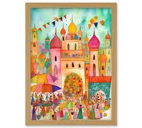 Artery8 Islam Eid Al-Fitr Feast Folk Art Watercolour Painting Artwork Framed Wall Art Print A4 in Light Oak Artery8 Light Oak