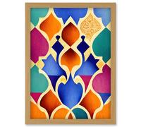 Artery8 Islamic Arabesque Beautiful Colourful Pattern Artwork Framed Wall Art Print A4 in Light Oak Artery8 Light Oak