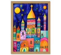 Artery8 Islamic Cityscape Moonlight Mosque Folk Art Artwork Framed Wall Art Print A4 in Light Oak Artery8 Light Oak
