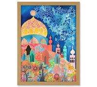Artery8 Islamic Mosque At Night Folk Art Watercolour Painting Artwork Framed A3 Wall Art Print