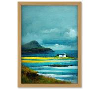 Artery8 Isle Harris White Crofters Cottage Scotland Seascape Artwork Framed Wall Art Print A4 in Light Oak Artery8 Light Oak