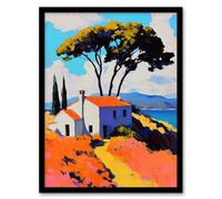 Artery8 Italian Seaside Villa in Spring Vibrant Painting Framed Art Print in Orange | Size: A4 Artery8 Orange A4