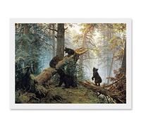 Artery8 Ivan Shishkin Morning In Pine Forest Shishkin Ivan Bears Artwork Framed Wall Art Print A4 in White Artery8 White