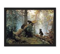 Artery8 Ivan Shishkin Morning In Pine Forest Shishkin Ivan Bears Artwork Framed Wall Art Print A4 in Black Artery8 Black