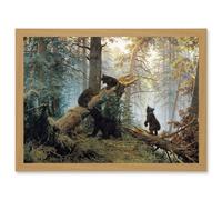 Artery8 Ivan Shishkin Morning In Pine Forest Shishkin Ivan Bears Artwork Framed Wall Art Print A4 in Light Oak Artery8 Light Oak