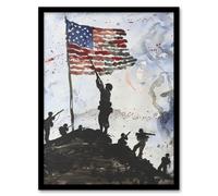 Artery8 Iwo Jima WWII Soldiers American Flag Watercolour Framed Wall Art in Dark Grey | Size: W12" x H16" Artery8 Dark Grey W12" x H16"