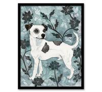 Jack Russell Dog Lover Drawing Stylised Floral Framed Wall Art Artery8 Blue A4