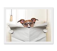 Artery8 Jack Russell Dog Toilet Reading Newspaper Photo Mock Up A4 Artwork Framed Wall Art Print