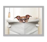 Artery8 Jack Russell Dog Toilet Reading Newspaper Photo Mock Up A4 Artwork Framed Wall Art Print in Light Grey Artery8 Light Grey