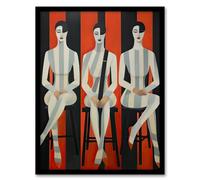 Artery8 Jailhouse Rock Conceptual Vintage Style Oil Painting Red Grey White Striped Musician Female Trio Artwork Framed Wall Art Print 18X24 Inch