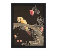 Artery8 Jakuchu Parrot Branch Flowering Rose Bush Japanese Painting Artwork Framed Wall Art Print 18X24 Inch