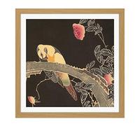 Artery8 Jakuchu Parrot Branch Flowering Rose Bush Japanese Painting Square Wooden Framed Wall Art Print Picture 16X16 Inch