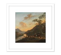 Artery8 Jan Both Italian Landscape With Ferry 8X8 Inch Square Wooden Framed Wall Art Print Picture with Mount in White Artery8 White