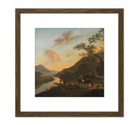 Artery8 Jan Both Italian Landscape With Ferry 8X8 Inch Square Wooden Framed Wall Art Print Picture with Mount in Brown Artery8 Brown