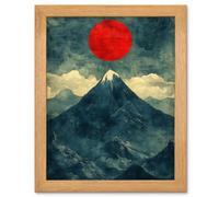 Artery8 Japan Alps Red Sun Mountain Range Landscape Decor Art Oak Wood Framed Wall Print in Dark Blue | Size: W12" x H16" x D15mm Artery8 Dark Blue W12" x H16" x D15mm