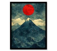 Artery8 Japan Alps Red Sun Mountain Range Landscape Framed Art Print in Blue | Size: W12" x H16" Artery8 Blue W12" x H16"