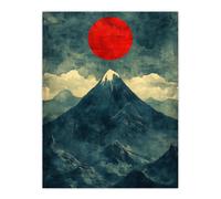 Artery8 Japan Alps Red Sun Mountain Range Landscape Wall Art Print in Blue | Size: W12" x H16" Artery8 Blue W12" x H16"