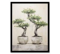 Artery8 Japan Bonsai Trees In Pots Oil Painting Pallet Knife Neutral Tone Textured Tree Artwork Art Print Framed Poster Wall Decor Artery8 Black W12" x H16"