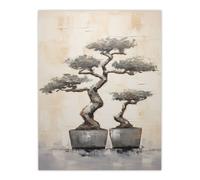 Artery8 Japan Bonsai Trees Oil Painting Pallet Knife Neutral Grey Tone Textured Artwork Unframed Wall Art Print Poster Home Decor Premium Artery8 Multicolor W12" x H16"