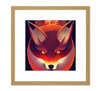 Artery8 Japan Kitsune Red Fox Head Concept Art Orange Red Purple Illustration Square Wooden Framed Wall Art Print Picture 8X8 Inch in Light Oak Artery8 Light Oak