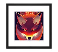 Artery8 Japan Kitsune Red Fox Head Concept Art Orange Red Purple Illustration Square Wooden Framed Wall Art Print Picture 8X8 Inch in Black Artery8 Black