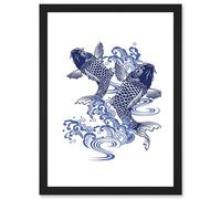Artery8 Japanese Koi Carp Fish Illustration Water Artwork Framed Wall Art Print A4