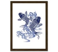 Artery8 Japan Koi Carp Fish Illustration Water Artwork Framed Wall Art Print A4 in Brown Artery8 Brown