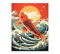Artery8 Japan Koi Carp Fish Leaping From The Sea At Sunset Great Wave Off-Goldfish Artwork Unframed Wall Art Print Poster Home Decor Premium Artery8 Multicolor W12" x H16"