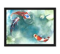 Artery8 Japanese Koi Carp Fish With Lilies A4 Artwork Framed Wall Art Print