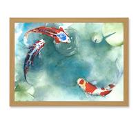 Japan Koi Carp Fish With Lilies A4 Artwork Framed Wall Art Print Artery8 Light Oak One Size
