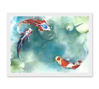 Artery8 Japan Koi Carp Fish With Lilies A4 Artwork Framed Wall Art Print in White Artery8 White